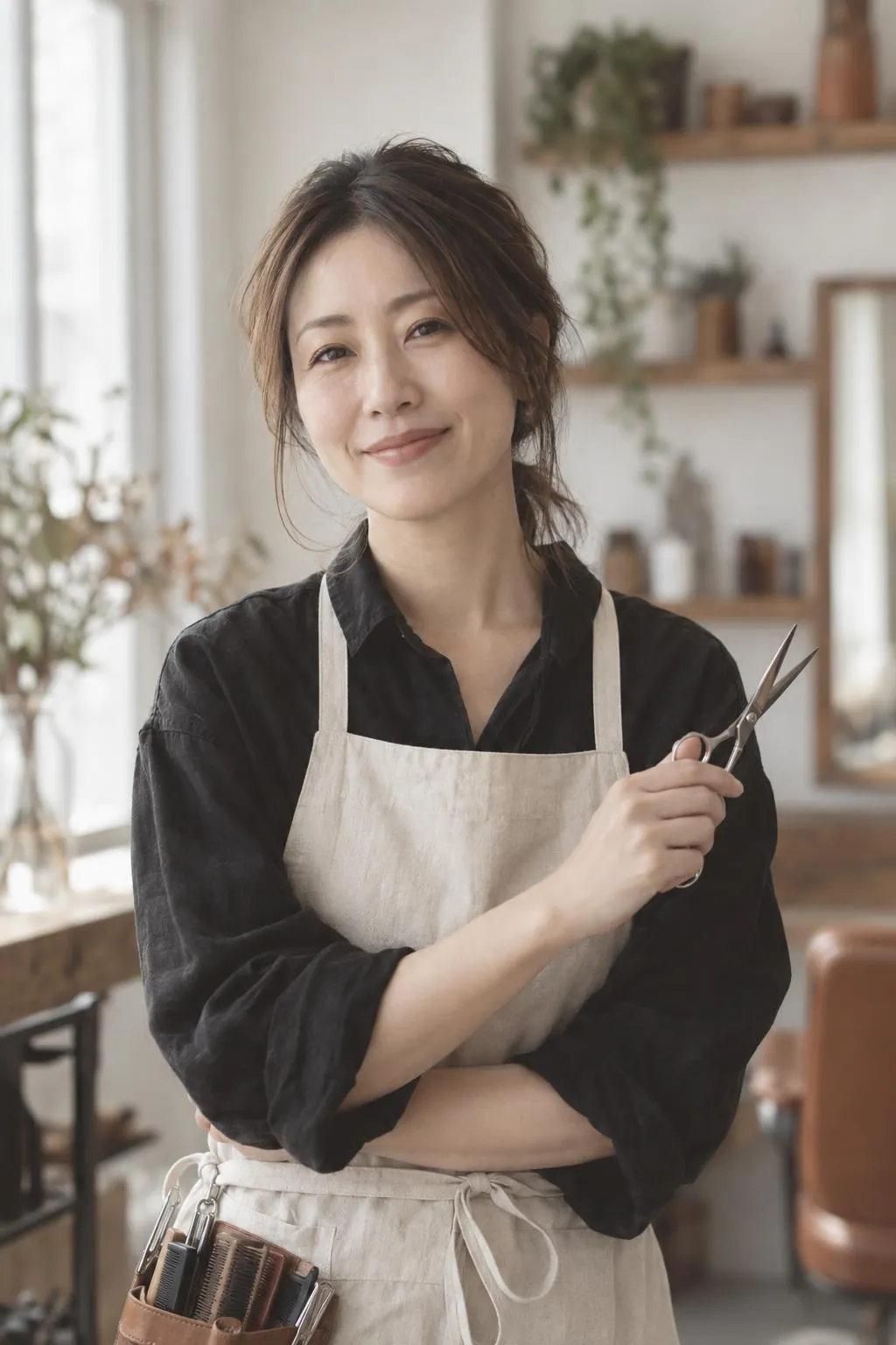 ハサミを手に微笑む店主の森川はるか